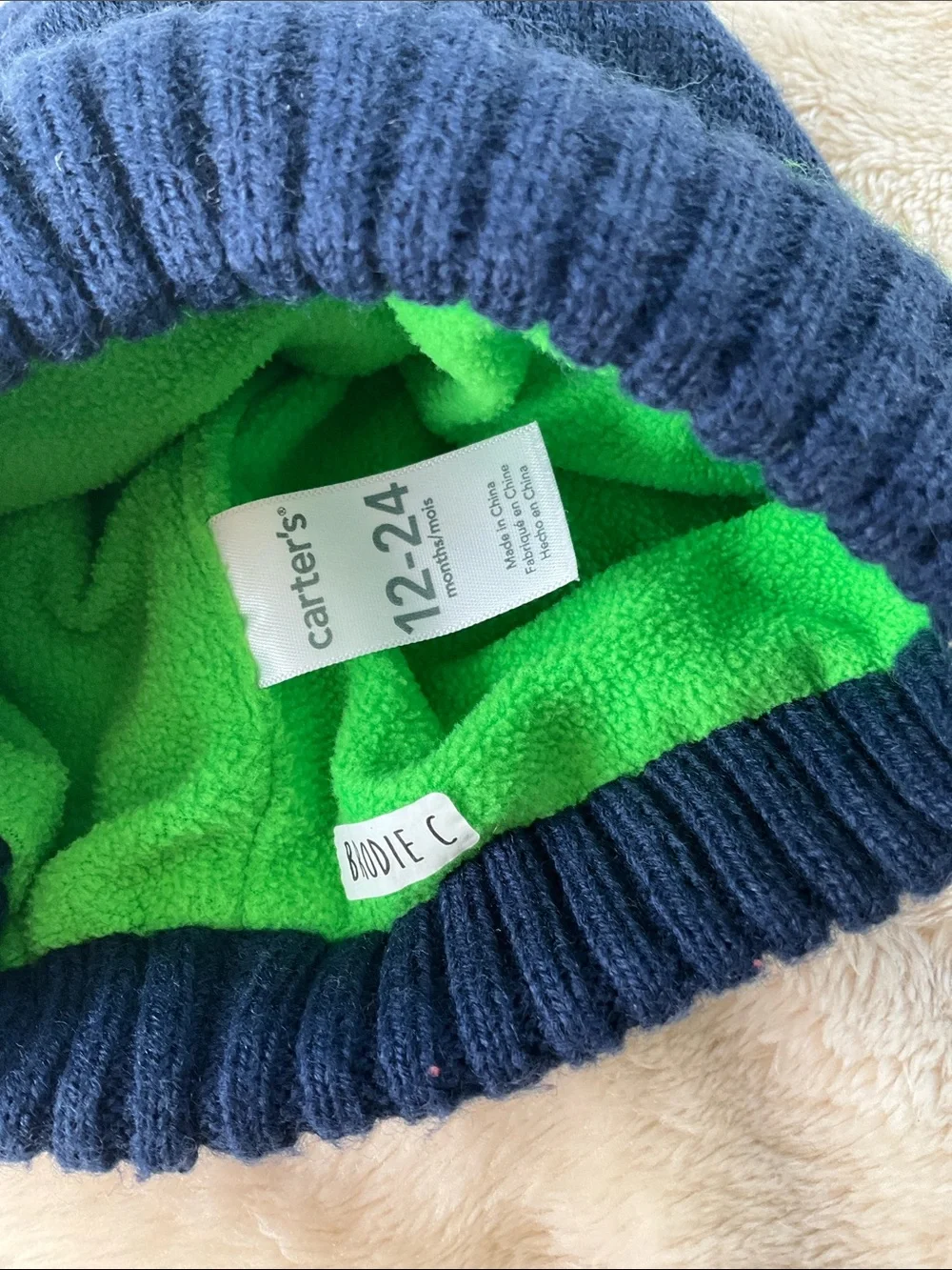 Toddler Carters Navy Beanie with Green Ski Goggle Design